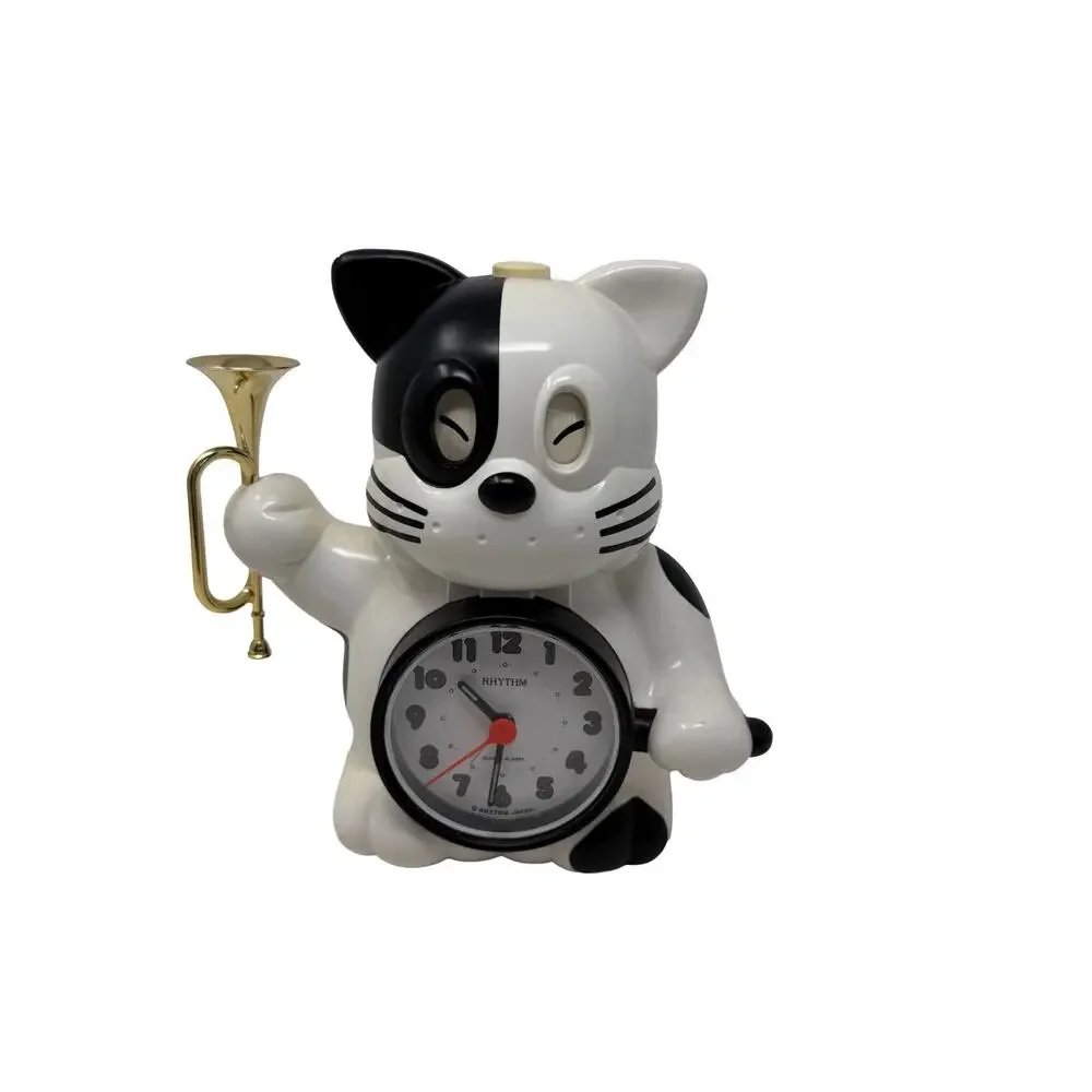 VTG Rhythm Rise & Shine w/ Bugle Singing Alarm Clock Black & White Cat Japan